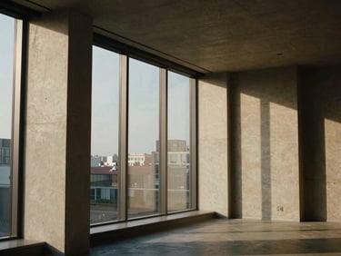Interior of a modern urban condo showcasing concrete walls and large floor-to-ceiling windows with dramatic light casting shadows, 35mm