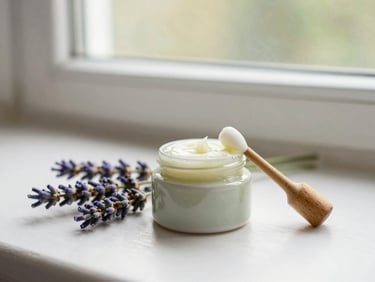 Small ceramic jar of botanical balm with a wooden applicator, next to a sprig of lavender, soft natural light