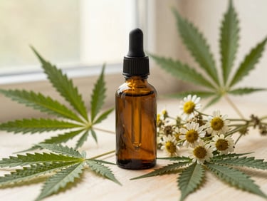 Amber glass dropper bottle of botanical tincture, surrounded by dried hemp leaves and chamomile, soft natural light