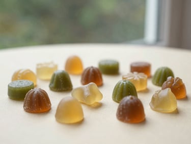 Artisanal CBD gummies in various shapes and natural colors on a cream surface, shallow depth of field, natural light