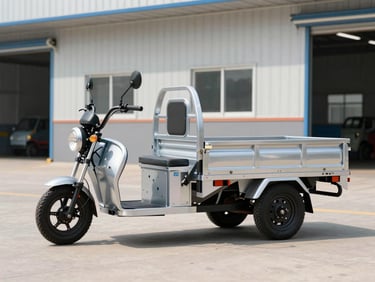 Three-quarter profile of a robust electric cargo rickshaw with a spacious rear metal loader bed, parked in a bright warehouse loading dock, daylight.