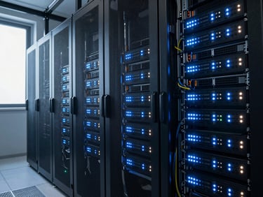 Wide shot of a server installation room with dense rack-mounted equipment, status LED lights in cool blue and white, cable management visible, cool daylight filtering from a high window on the left, photographed as infrastructure in operation