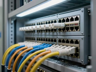 Close-up of network patch panel and structured cabling in a telecommunications room, cool white overhead lighting, cables organized by color into precise rows, photographed as methodical infrastructure