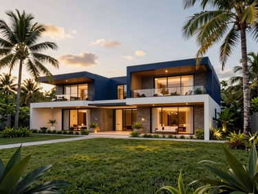 Architectural rendering of a modern tropical villa in Davao, lush emerald landscaping, warm evening lights