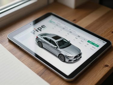 Overhead close-up of a tablet showing a Fipe price comparison table for a used sedan, placed on a wooden desk beside a notepad, natural daylight from a nearby window