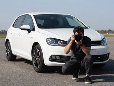 Photographer crouching at front three-quarter angle of a white hatchback in an outdoor lot, midday daylight, asphalt surface visible, clean background