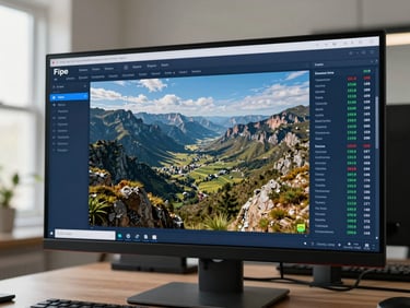 Wide landscape view of a partner dashboard on a large desktop monitor, showing live Fipe pricing table and inventory performance metrics, clean blue interface, natural office daylight from left, monitor centered with keyboard partially visible at bottom edge