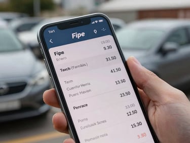 Close-up of a smartphone screen displaying a Fipe pricing table interface with vehicle model, year, and current market value clearly visible, held in hand against a blurred outdoor vehicle lot background, natural daylight