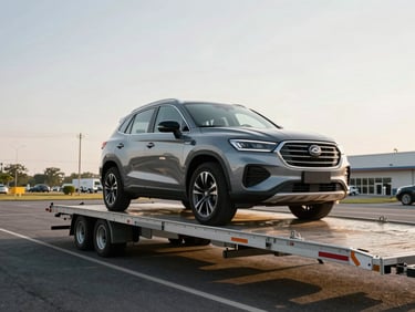 Wide shot of a vehicle on a flatbed transport trailer leaving a dealership lot, late afternoon daylight, open road visible in background