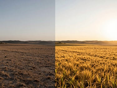 Split screen showing a raw dull landscape and a vibrant golden hour travel photo, bright editorial style, natural sunlight, true-to-life colors