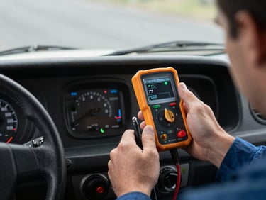 Vehicle dashboard showing battery voltage diagnostic reading on a handheld meter, technician's hand holding the device, overcast daylight through the windshield, direct documentary framing