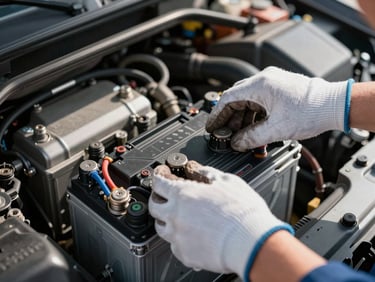Close-up overhead of a technician's gloved hands connecting a new battery terminal in an engine bay, natural morning light, clean direct framing, metallic battery casing visible
