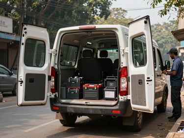 NIXA service van parked on a Gurugram street, rear doors open showing battery stock and tool kit inside, mid-morning daylight, wide environmental shot with vehicle and technician in frame