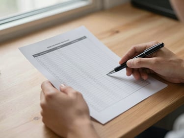 Close-up of a pair of hands resting on a wooden desk, holding a printed comparison sheet with multiple columns of text, a pen placed across the page, soft diffused window light from the upper left, clean desk surface, calm and focused mood, no faces visible