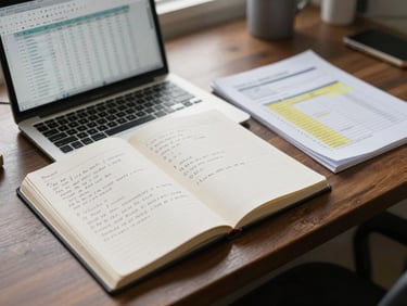 Wide-angle view of a professional's desk from above: an open notebook with handwritten notes, a laptop displaying a spreadsheet comparison, and a printed document with highlighted rows, under soft even window light, no people visible, calm and purposeful atmosphere