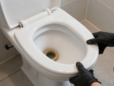 Toilet base disconnected from floor flange, wax ring removed, hands in gloves steadying the bowl mid-installation, bathroom tile floor