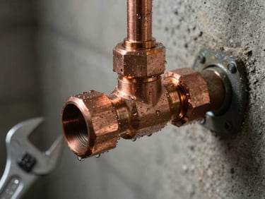 Close-up of a pipe joint mid-repair, water droplets visible on copper fittings, wrench partially in frame, concrete wall background, dim utility light