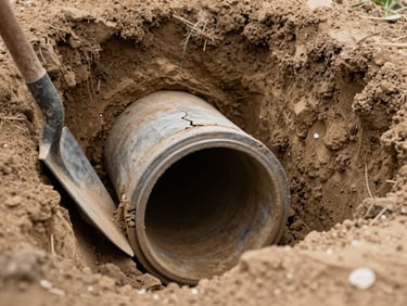 Underground sewer pipe section exposed in a trench, cracked clay pipe visible, shovel edge at frame left, overcast daylight from above