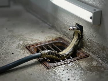 Drain snake cable entering a floor drain, close-up framing, wet concrete floor, fluorescent basement light casting hard shadows