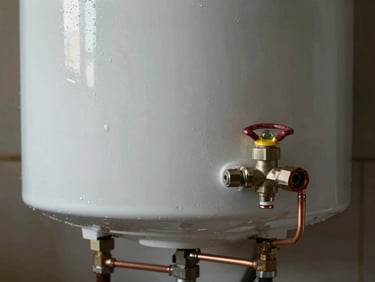 Water heater tank base with copper supply lines and pressure relief valve in close-up, utility room ambient light, condensation on the tank surface