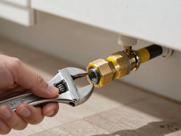 Yellow-coated flexible gas line connector at appliance hookup, hand tightening fitting with an adjustable wrench, kitchen floor visible below