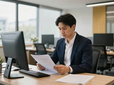 Professional Australian accountant reviewing documents in a modern, well-lit office, over-the-shoulder shot, focused and composed.