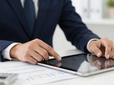 Close-up of a professional accountant's hands reviewing financial documents on a tablet, with subtle gold accents and a deep navy background, bright natural daylight, 50mm lens
