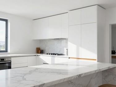 Crisp architectural detail of a modern renovated kitchen, white marble countertops, clean daylight, professional finish