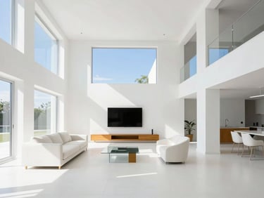 Bright sunlit interior of a modern living room with clean white walls, minimalist furniture, high-key natural daylight, wide-angle architectural shot