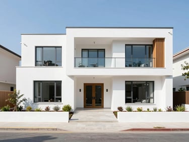 Clean modern residential property exterior with neat landscaping, bright daylight, straight-on elevation