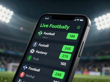 Dynamic close-up of a dark-mode mobile sports betting application displaying live football parlay odds, electric neon green accents on screen, stadium floodlights creating atmospheric lens flare in the dark background, high contrast, 16:9 cinematic framing.
