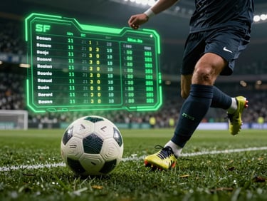 High-resolution close-up of a football match action, a player kicking a glowing ball under moody stadium lighting, sharp neon green backlighting, high contrast, dynamic sports-tech dashboard overlay showing live statistics, landscape aspect.