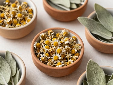 Overhead flat-lay of dried chamomile flowers and sage leaves in small handmade ceramic bowls