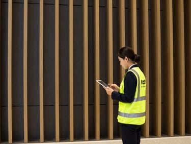 A professional supervisor in a high-visibility branded vest holding a tablet, inspecting a spotless modern building lobby