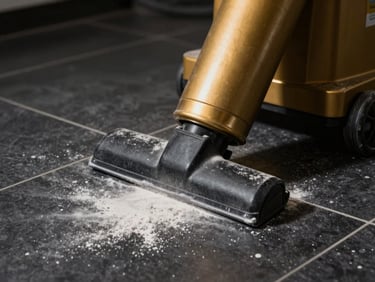 Close-up of industrial vacuum cleaner nozzle extracting fine white construction dust from a dark tile floor, high contrast