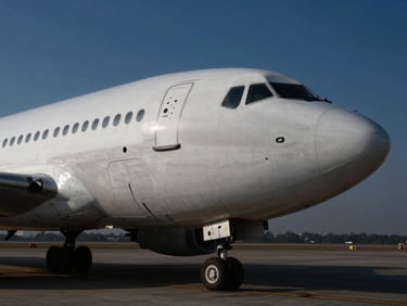 Dramatic early morning light on a cargo plane nose cone parked on the IGI Airport tarmac, steel tones, sharp focus.