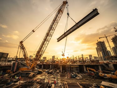 Dramatic low-angle shot of a massive crawler crane lifting a steel beam on an industrial construction site, golden hour daylight, high-contrast rich tones, wide-angle lens, sharp details.