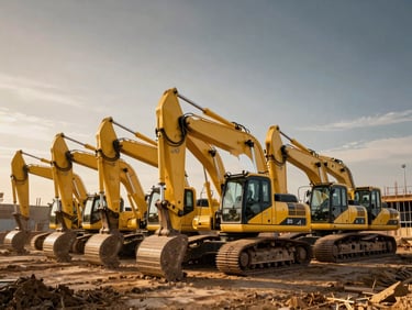 A row of modern yellow excavators lined up on a construction site, clean industrial machinery, dramatic lighting.