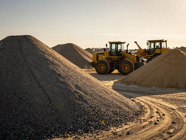 Industrial material depot with mounds of graded aggregate, gravel, and sand, a front loader operating in the background, sharp details.