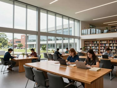 Wide shot of a modern university research library with floor-to-ceiling windows, postgraduate students working with books and laptops at large oak tables, bright natural daylight.