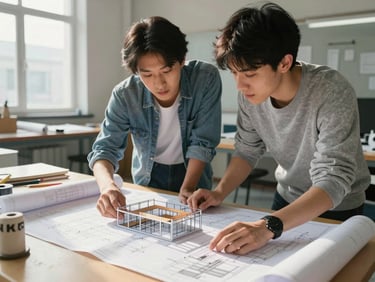 Two students collaborating over physical blueprints and a 3D structural model in a bright architecture and civil engineering studio, morning sunlight