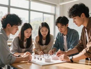 Medium close shot of university students collaborating over a 3D architectural model on a wooden table, bright natural morning light streaming through high windows, focused expressions.