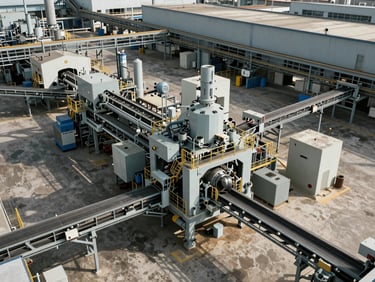 Overhead shot of a large industrial manufacturing facility floor, heavy machinery and conveyor systems in natural north-facing daylight, no workers visible, architectural scale