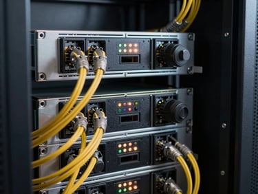 Extreme close-up of a server rack interior with precision cable management, studio strobe lighting on metal chassis and indicator lights, dark background, no text visible