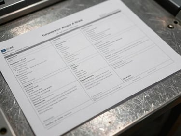 Overhead close-up of shipping manifests and cargo documentation on a steel surface, studio strobe lighting, precise technical still-life, no people