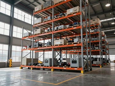 Wide interior of a modern warehouse with tall racking systems and automated logistics equipment, north-facing daylight through high windows, no workers, industrial scale