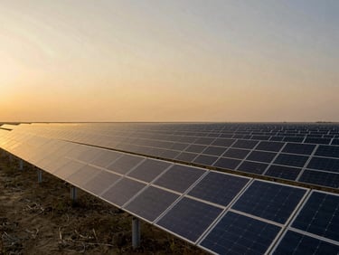 Wide-angle view of a utility-scale solar farm at golden hour, panels extending in geometric rows toward a low horizon, warm amber sky, no people visible
