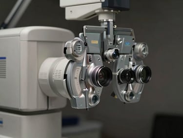 Close-up of advanced ophthalmic laser equipment in a clinical setting, studio strobe lighting on polished instrument surfaces, shallow depth of field, dark background