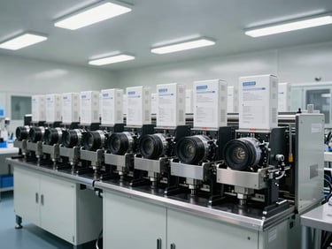 Rows of pharmaceutical packaging machinery on a sterile manufacturing floor, overhead fluorescent-free studio lighting, steel and white surfaces, precise industrial framing