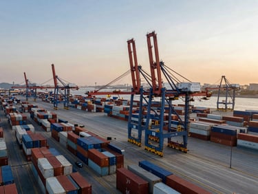 Aerial view of a commercial port with container stacks and gantry cranes at golden hour, warm light on steel structures, vast logistics infrastructure extending to the horizon